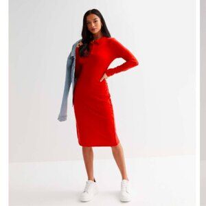 NEW LOOK PETITE RED RIBBED LONG SLEEVE MIDI POLO DRESS